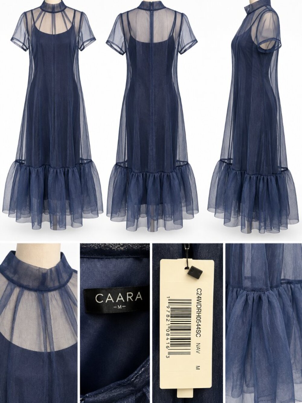 CAARA Melody Navy Organza Tie-Neck Maxi Dress – Size M – NWT